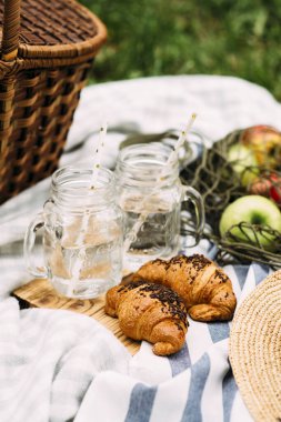 Güneşli bir günde kruvasan ve elmayla piknik. Yaz tatili konsepti