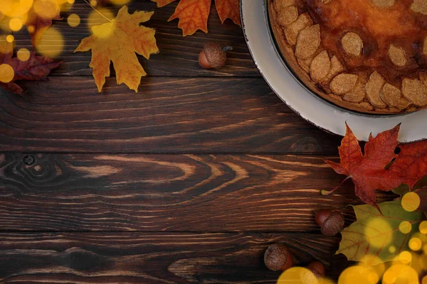 Autumn Background Pumpkin Cake Maple Leaves Aples Acorns Top View — Stock Photo, Image