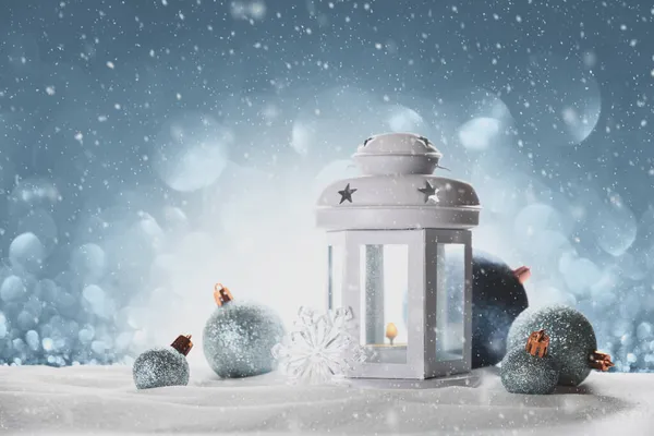 Lanterne Noël Avec Décorations Sur Fond Clair Décoration Noël — Photo