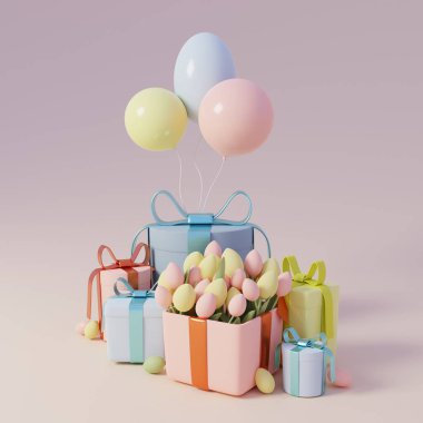 Paskalya hediyesi kutuları, yumurtalar ve laleler. Yaz Paskalya arkaplanı. 3 Boyutlu Hazırlama