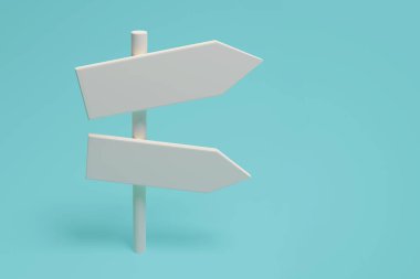 Mavi arka planda beyaz yön işareti var. 3d oluşturma