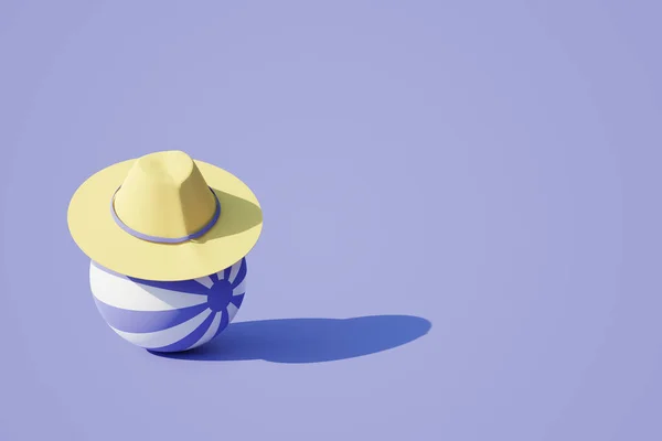 Pelota Playa Con Sombrero Sobre Fondo Púrpura Renderizado — Foto de Stock