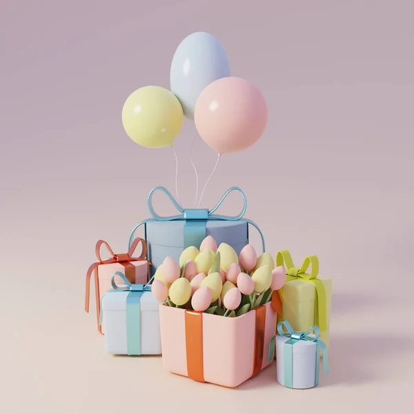 Geschenkschachteln Ein Strauß Tulpen Und Bunte Luftballons Auf Rosa Hintergrund — Stockfoto