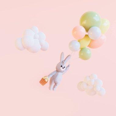 Lale desenli tavşan sepeti pembe arka planda balonlarla uçuyor. Evrensel tebrik kartı. 3 Boyutlu Hazırlama