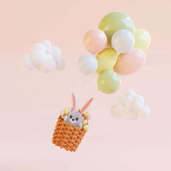 Korb Mit Kaninchen Tulpenstrauß Der Auf Luftballons Auf Rosa Hintergrund — Stockfoto