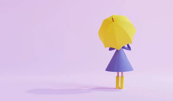 ピンクの背景に黄色の傘を持っている女の子 バックビュー 3Dレンダリング — ストック写真