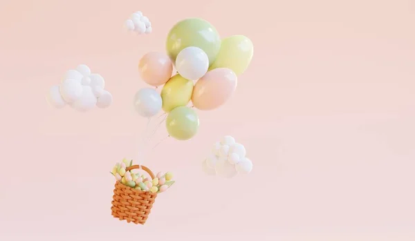 Korb Mit Tulpen Und Ostereiern Die Auf Luftballons Auf Rosa — Stockfoto