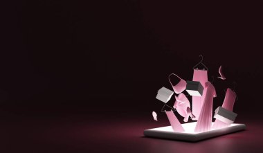 İnternetteki mağaza. Kıyafetlerinden, ayakkabılarından ve çantasından koyu arka planda uçuşan akıllı telefonlar. E-ticaret ya da online alışveriş konsepti. 3d hazırlayıcı
