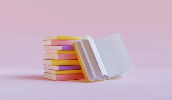 Stack Books Open Book Pink Background Front View Online Education Stockfoto