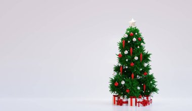 Beyaz arka planda hediye kutusu olan Noel ağacı. 3d hazırlayıcı
