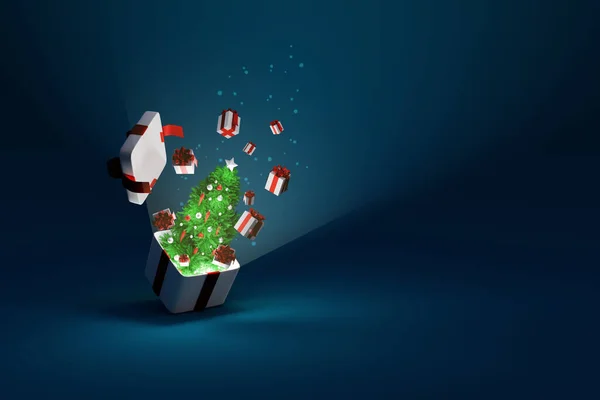 Open Gift Box Flying Christmas Tree Gift Box Dark Background — 스톡 사진
