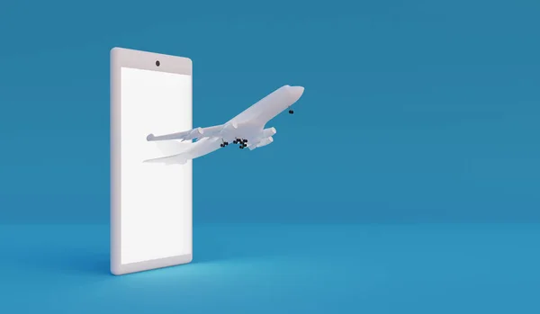 青い背景にスマートフォンから飛行機 3Dレンダリング — ストック写真