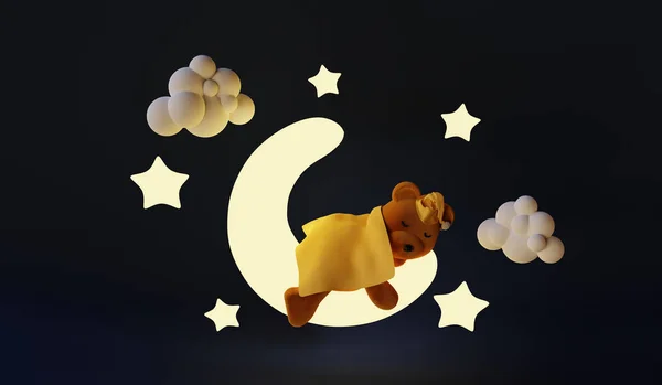 Cute Little Teddy Bear Sleeping Moon Render — Stock Photo, Image