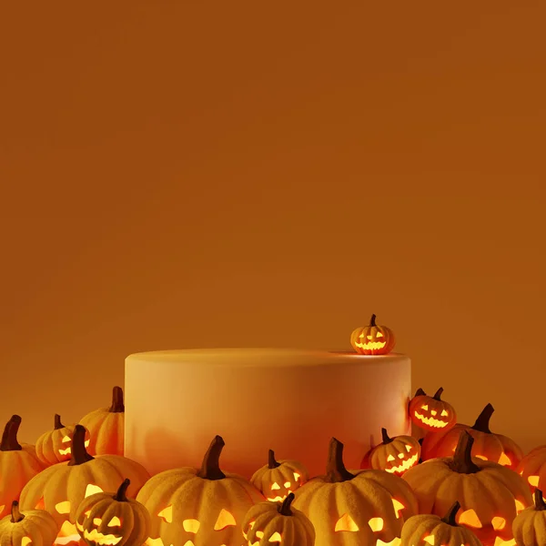 Podio Con Calabazas Halloween Sobre Fondo Naranja Renderizar — Foto de Stock