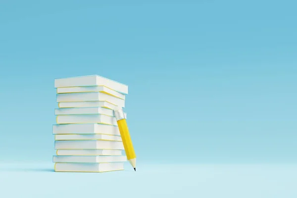 Stapelweise Bücher Mit Bleistift Auf Blauem Hintergrund Darstellung — Stockfoto