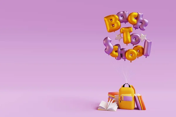Mochila Com Diferentes Artigos Papelaria Coloridos Balões Sobre Fundo Rosa — Fotografia de Stock