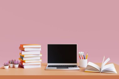 Okul aksesuarları ve pembe arka planda dizüstü bilgisayarı olan bir okul masası. 3d hazırlayıcı