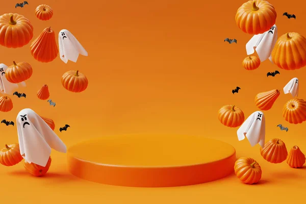 Podium Halloween Pumpkins Bats Hosts Yellow Background Render — Photo