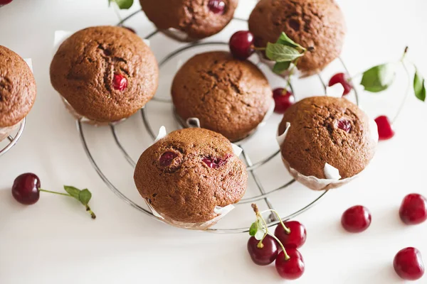 Homemade Baked Cherry Muffins Fresh Berries White Wooden Table — Foto Stock