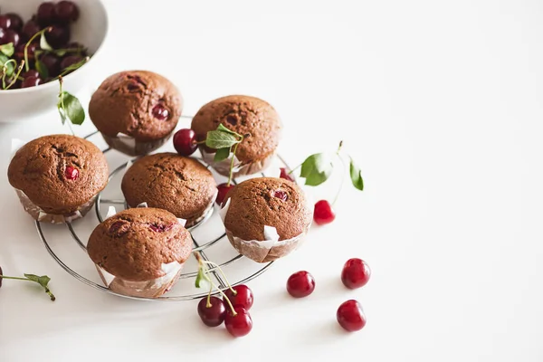 Homemade Baked Cherry Muffins Fresh Berries White Wooden Table — стоковое фото