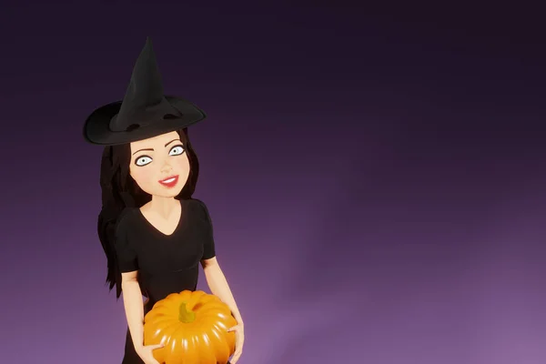 Personagem Mulher Traje Bruxa Halloween Com Chapéu Segurando Abóbora Fundo — Fotografia de Stock