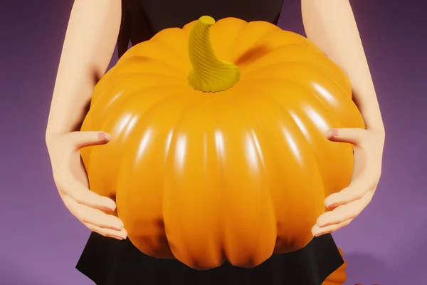 Personaje Mujer Disfraz Bruja Halloween Con Sombrero Sosteniendo Calabaza Sobre — Foto de Stock