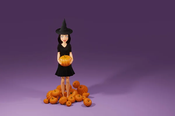 Personaje Mujer Disfraz Bruja Halloween Con Sombrero Sosteniendo Calabaza Sobre — Foto de Stock