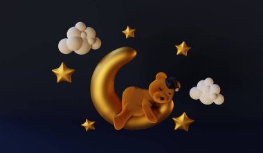 Ay 'da uyuyan sevimli küçük oyuncak ayı. 3 Boyutlu Hazırlama