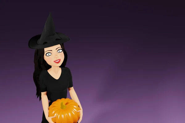 Donna Personaggio Costume Strega Halloween Con Cappello Zucca Sfondo Scuro — Foto Stock