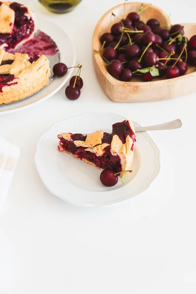 Plate Tasty American Cherry Pie White Background Top View Copy — стоковое фото