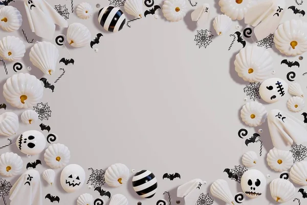 Taustaa Halloweenille Halloween Aaveilmapalloja Kurpitsoja Lepakoita Karkkeja Valkoisella Taustalla Renderointi — kuvapankkivalokuva