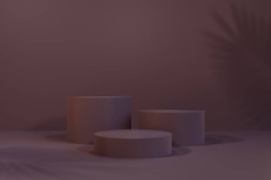 Boş pembe arka planda gölge yaprakları olan kozmetik podyumu. 3 Boyutlu Hazırlama