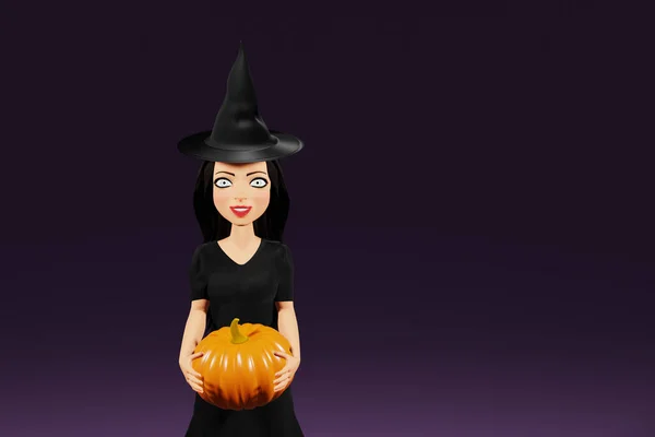 Personagem Mulher Traje Bruxa Halloween Com Chapéu Segurando Abóbora Fundo — Fotografia de Stock
