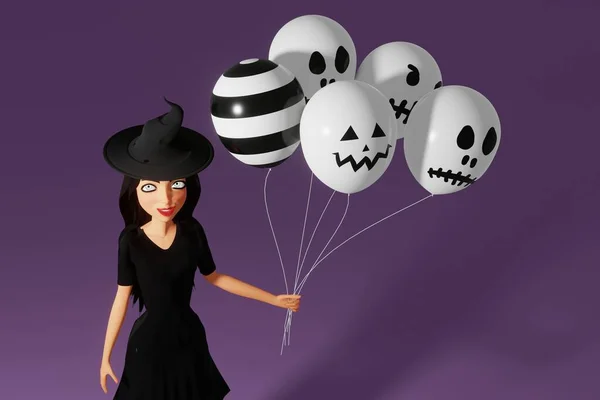 Personnage Femme Costume Halloween Sorcière Avec Chapeau Tenant Des Ballons — Photo