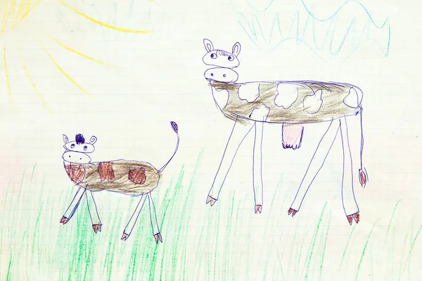 Duas Vacas Desenhadas Mão Como Crianças Desenhadas Imagem Simples Doodle — Fotografia de Stock