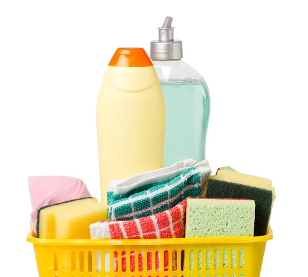 Pulver cleanser och skålen tvål i korg — Stockfoto