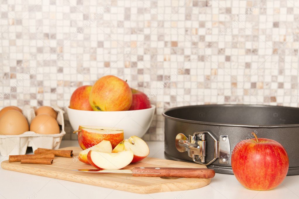 Ingredients and tools to make a apple pie
