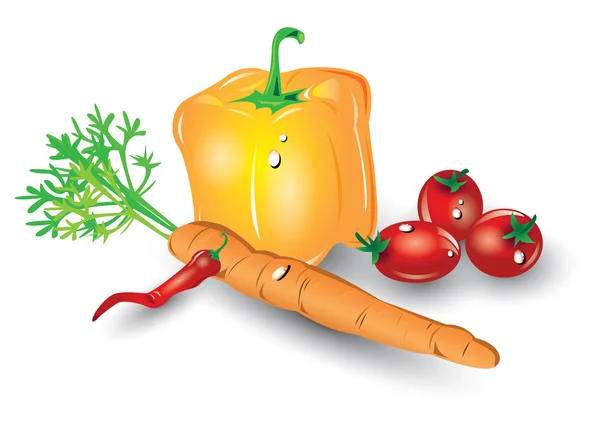 Poivron jaune, piment, tomates cerises et carotte — Image vectorielle