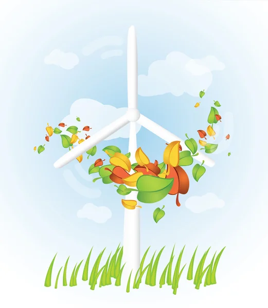 Wind turbine with flying leaves — Stock Vector