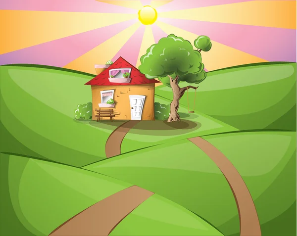 Bir ev ile kırsal günbatımı — Stok Vektör