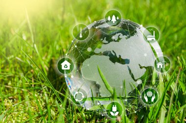 Yeşil çimenlerdeki ESG çevre sosyal yönetimi metaforu ile simgeli camdan yapılmış dünya