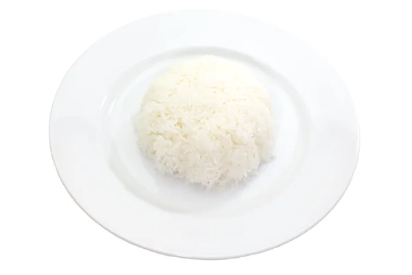 Arroz branco cozido no vapor cozido no fundo branco — Fotografia de Stock