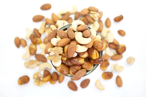 Mix of nuts close - up on white background — Stok Foto