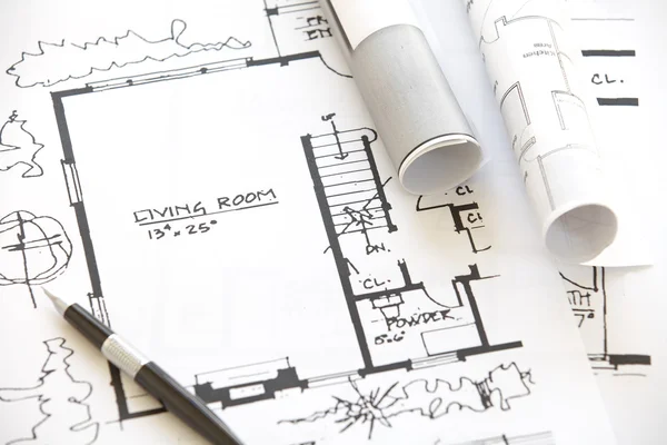 Rolos e planos para arquitetos — Fotografia de Stock