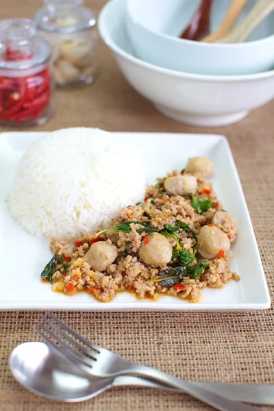 Basil gebakken rijst met varkensvlees — Stockfoto