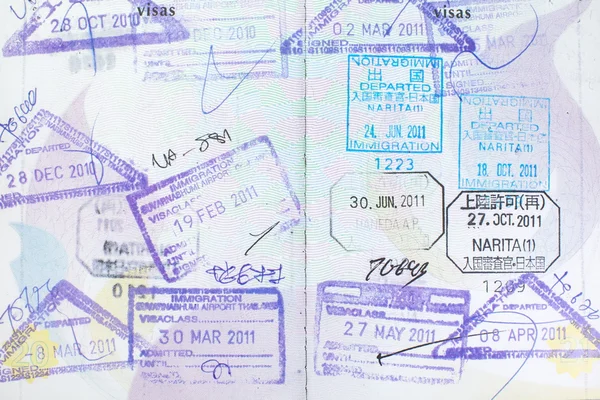 Immigration arrival stamps on passport — Stock Photo, Image