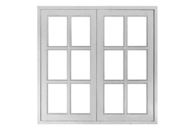 Beyaz arkaplanda izole edilmiş beyaz boyanmış ahşap pencere çerçevesi