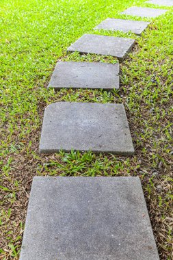 Bahçedeki yeşil çimlerde desenli beyaz granit yürüyüş yolları.