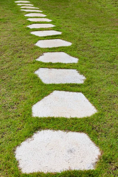 Brown Granite Walkway Slabs Patterned Green Lawns Garden — Stock Photo, Image