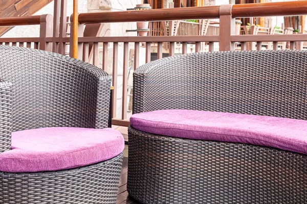 Purple Cushions Brown Fabric Long Sofa Modern Home Living Room — Stock Photo, Image